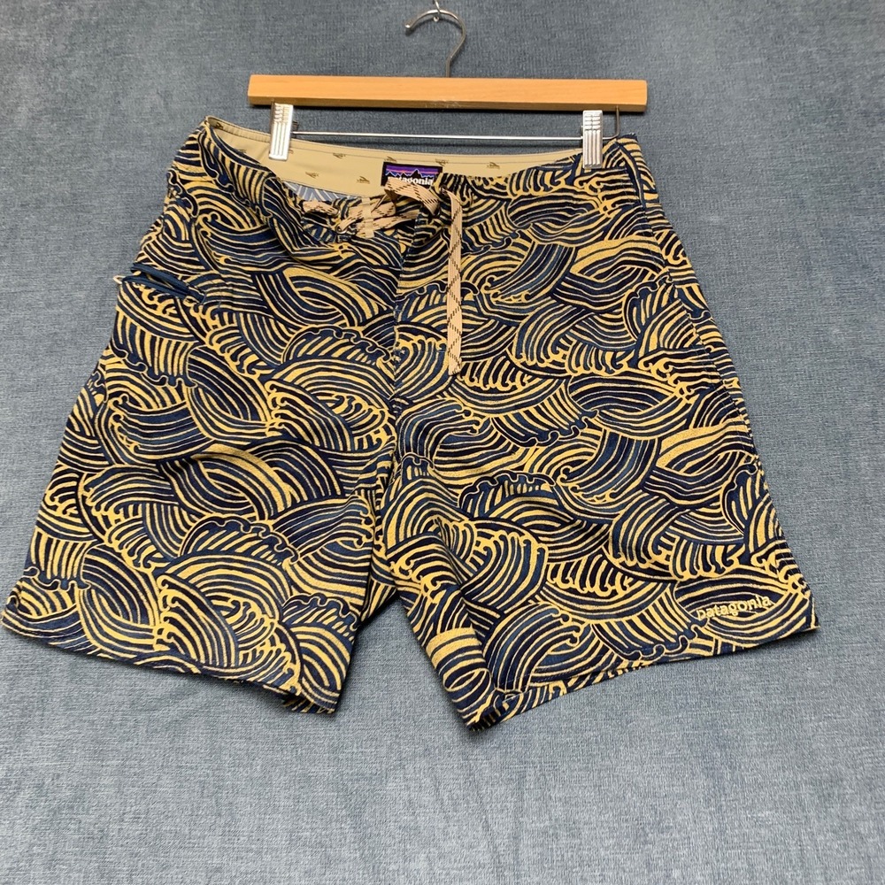 Patagonia Wavefarer Board Shorts Mens 32 Yellow Blue Waves Drawstring Summer - Picture 10 of 15